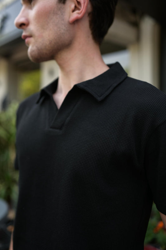 Black Waffle Knitted Revere POLO Shirt