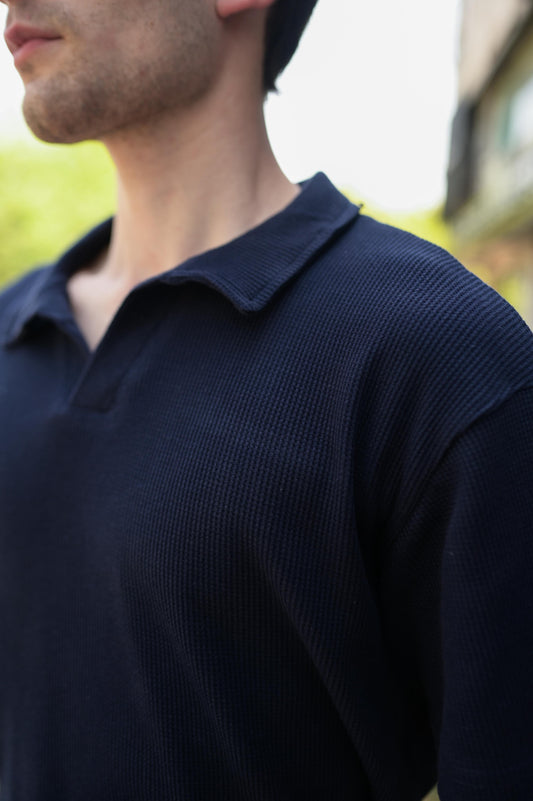 Blue Waffle Knitted Revere POLO Shirt