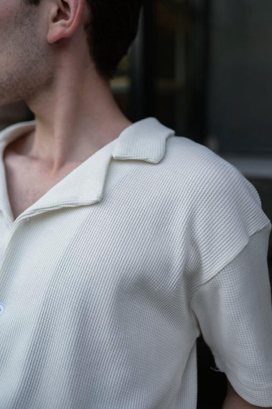 Waffle Knitted Button-up Cuban Collar Shirt
