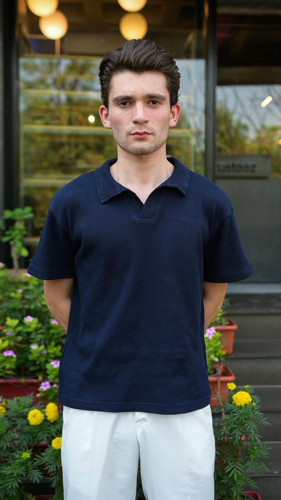 Blue Waffle Knitted Revere POLO Shirt