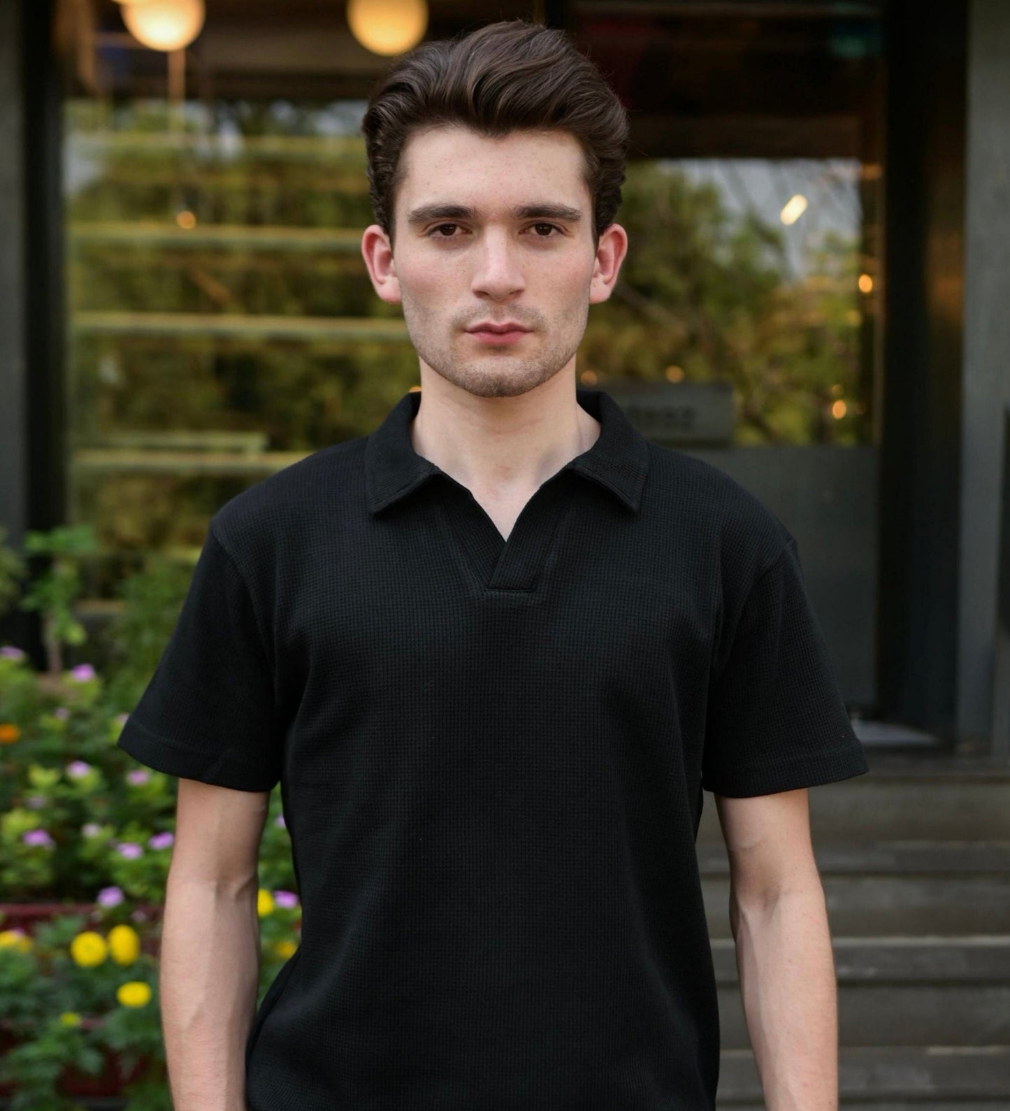 Black Waffle Knitted Revere POLO Shirt