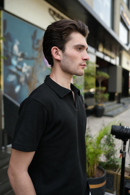 Black Waffle Knitted Revere POLO Shirt