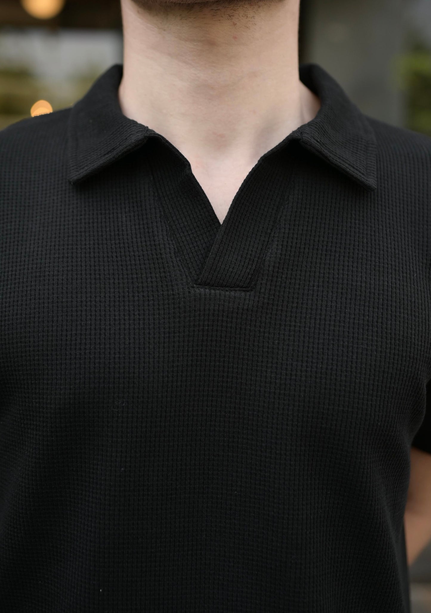 Black Waffle Knitted Revere POLO Shirt