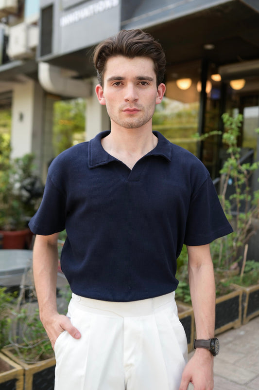 Blue Waffle Knitted Revere POLO Shirt