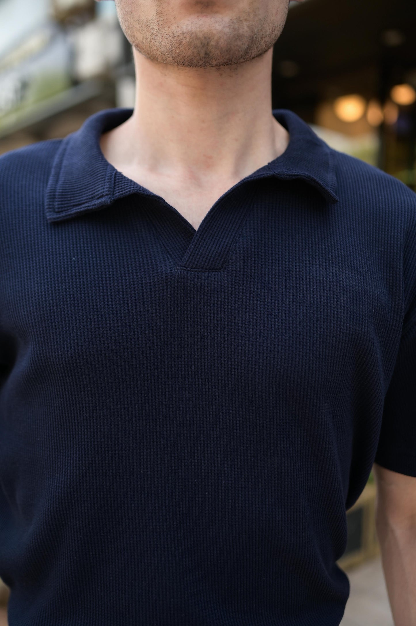 Blue Waffle Knitted Revere POLO Shirt