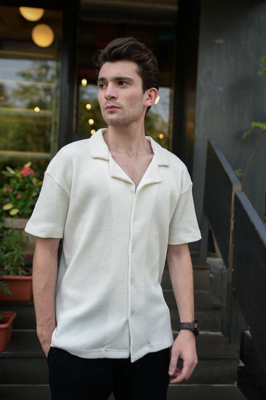 Waffle Knitted Button-up Cuban Collar Shirt