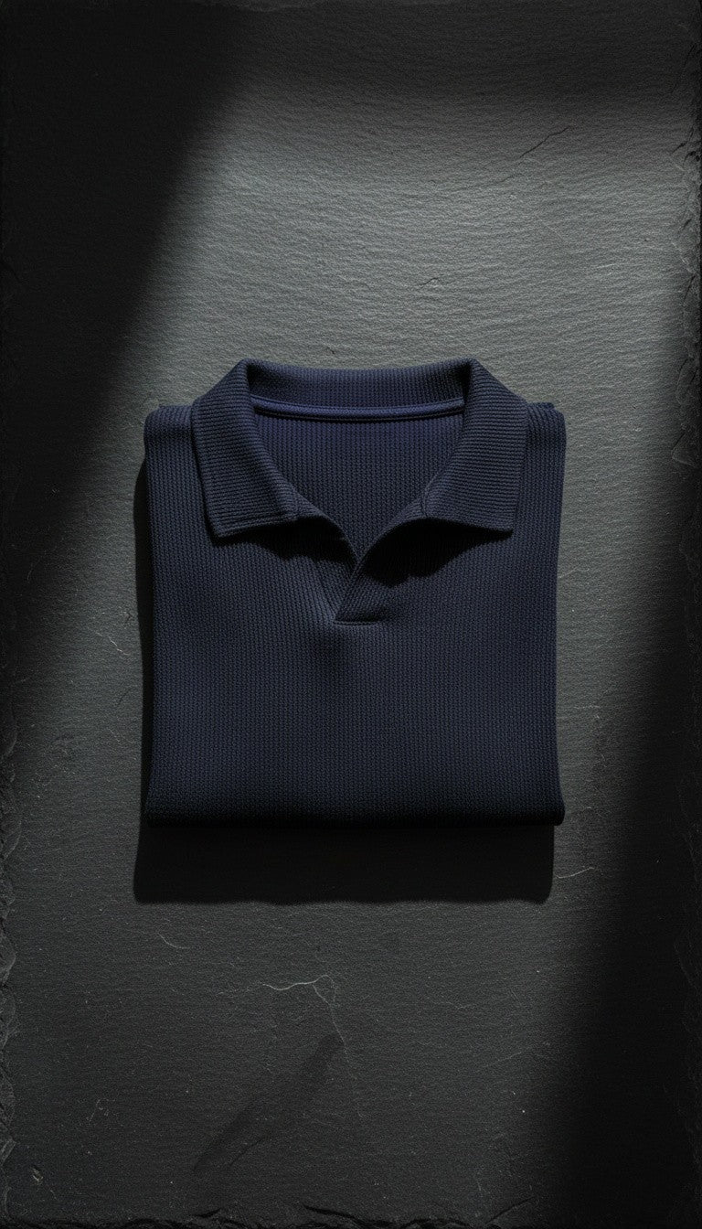 RADIUS midnight navy waffle-knit polo shirt with a modern placket-less V-neck and integrated collar.