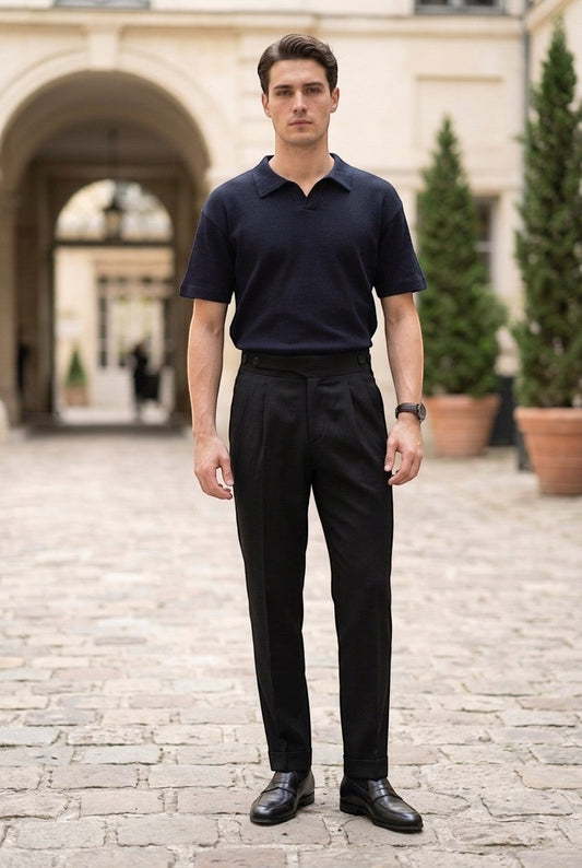 RADIUS Signature black Gurkha trousers with front pleats and interlocking waistband worn by a man in a polo shirt